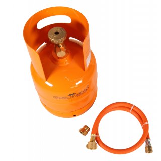 SET Leere orange befüllbare Gasflasche 1 kg Propan Butan Flasche mit Kragen+ Adapter + Umfüllschlauch Propan Butan