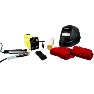 Aktionsset WELDINGER EW 140 mini MMA-/WIG-Schweißinverter Helm Hammer Elektroden Handschuhe