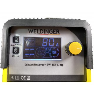 Aktion WELDINGER EW 181 L dig + Automatikhelm AH 50 + Schlackehammer + Handschuhe + Elektrodensortiment